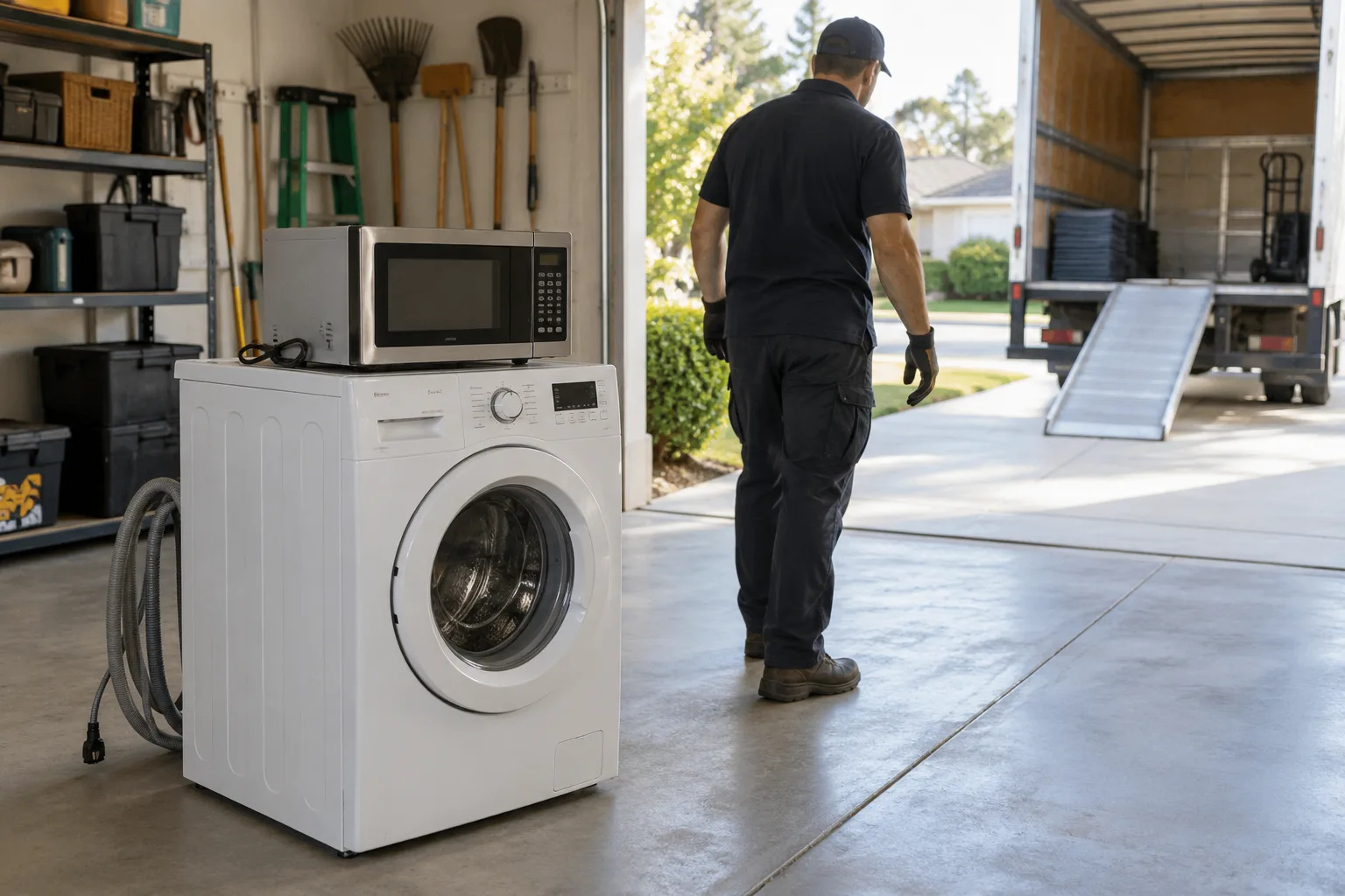 Disconnected washer and microwave staged in a garage for pickup